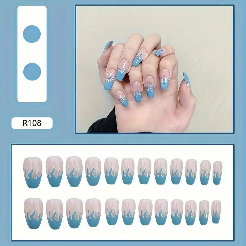 24pcs Blue Flame Press On Nails - Medium Coffin Fake Nails - Full Cover Stick On False Nails For Women Girls