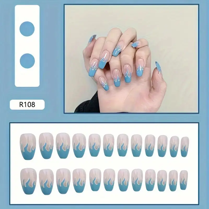 24pcs Blue Flame Press On Nails - Medium Coffin Fake Nails - Full Cover Stick On False Nails For Women Girls