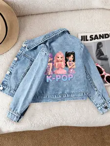Girls' Casual Fashion Denim Jacket, Kpop Girl Group Pattern Print, Comfortable Fit, Suitable for School and Dates, Ages 12 and Under