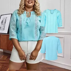 Plus Size Women's Vintage Boho Crochet Lace Blouse - 3/4 Sleeve Lightweight Tunic Top with Tassel Drawstring, Hollow Out Design & Side Slit, Solid Color Casual to Dressy Tops (L-5XL), Versatile Fashion, Elegant Texture