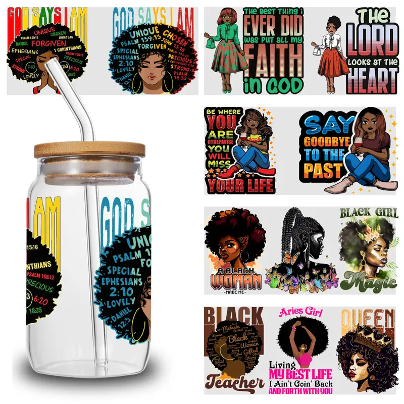 5 Sheets Black Girl UV DTF Stickers Waterproof Decals Inspiring Words Decoration Cups Decoration Heart Vinyl Mug Wrap