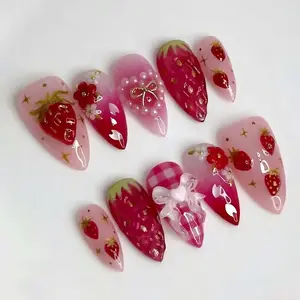 Strawberry Press On Nails Fruit Nail Art Pink Nails Handmade Pearl Nails Glossy Strawberry Nail Set Summer Cute Nails
