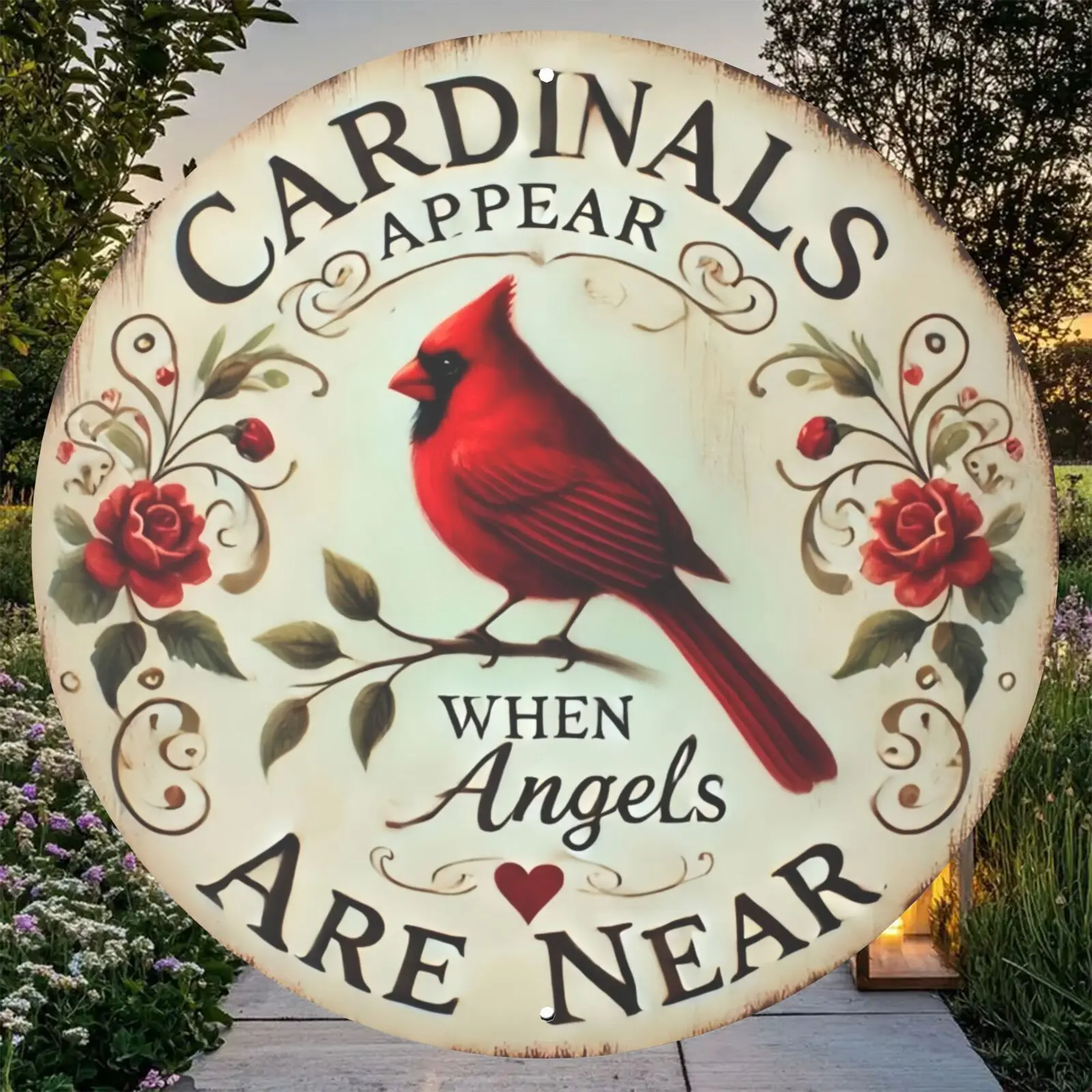 8-in Vintage Cardinal Aluminum Alloy Decorative Sign - Rustic Red Cardinal, Floral Wreath, Rustic Farmhouse Design, Inspirational Message, Americana Home Decor, Garden Accent