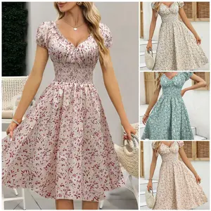 Women's Ditsy Floral Print Frill Trim Shirred Keyhole Back Puff Sleeve Dress, Boho Romantic Short Sleeve Round Neck A Line Midi Dress for Vacation Holiday Wedding Guest, Bohemian Womenswear, Crewneck Fashion Dress, Shortsleeve Elegant Wedding Dress Prom
