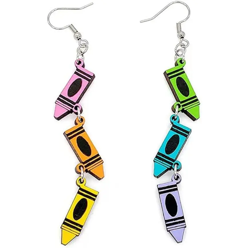 Double Sided Wooden Pencil Crayon Earrings Teacher Earrings for Women Handmade Funny Pencil Book Drop Dangle Earrings for Teachers Appreciation