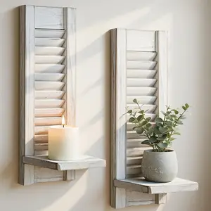 Farmhouse Candle Sconces Set of 2 Distressed White Wood Shutter Wall Candle Holder Hanging Wall Decor for Living Room Bedroom Bathroom 15.7" H