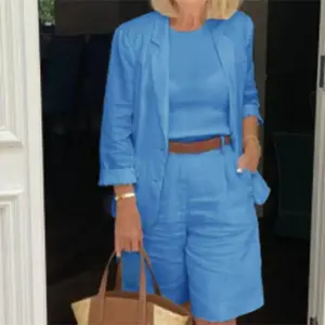 Cotton Linen Temperament Blazer Shorts Women's Blazer Suit 2 Piece Set Elastic Waist Thin Female Blazer Shorts Summer Outfit cuff sweatpants Top Clothes