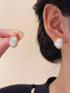 Asymmetrical Geometric Pearl Earrings, Pearl Embellished, Fashionable Elegant Design, Perfect for Daily Wear, Office, Dates, Parties, Enhances Aura