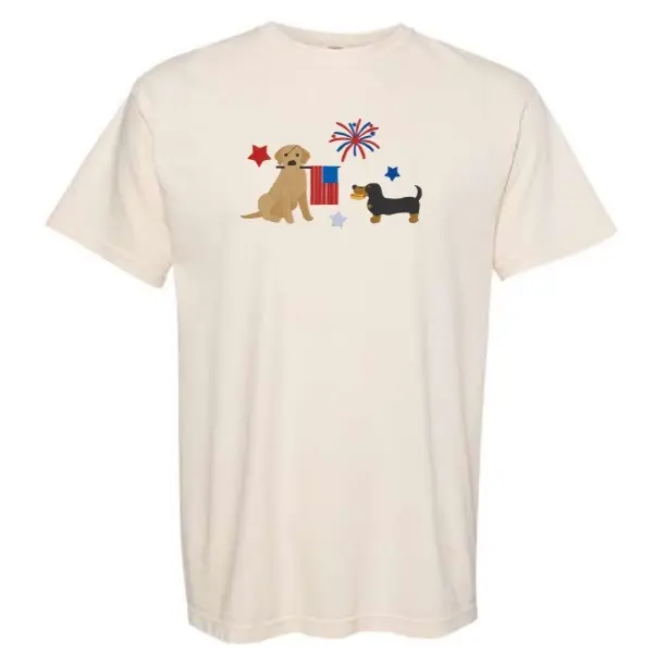 Yellow lab and black dachshund USA doggies embroidered Fourth of July comfort colors T-shirth