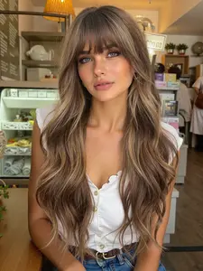24 Inch Long Curly Wig with Bangs, Synthetic Hair, Daily Wear & Travel, Versatile Women's Wig for All Seasons, Synthetic Curly Wigs