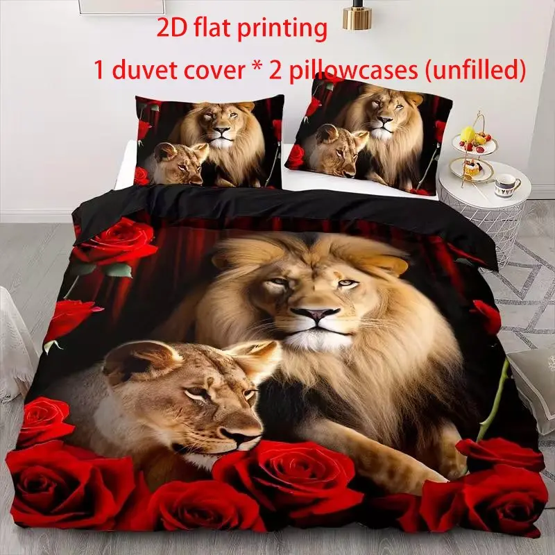Soft and comfortable lion print duvet cover set, 1 duvet cover and 2 pillowcases (unfilled) made of soft semi transparent polyester material, available in various sizes as a three piece bed set with rose animal pattern design, Soft Bedding Sets