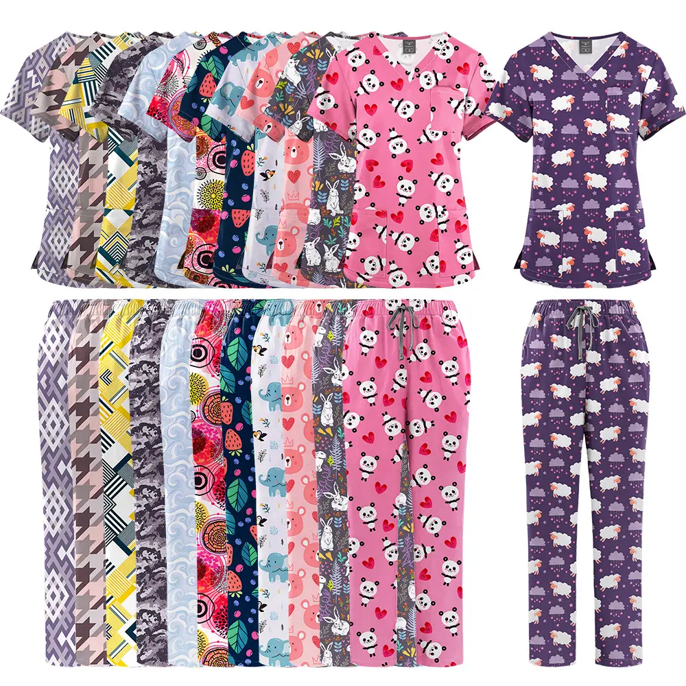 Women's Thin Breathable Cartoon Printed Scrub Set - Comfortable Workwear for Medical Staff, Casual Women's Clothes for Nurses & Doctors