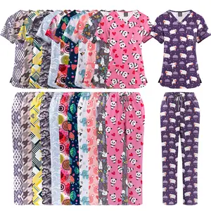 Thin Breathable Cartoon Printed Scrub Set Comfortable Work Uniform for Medical Staff Nurse Doctor Uniform