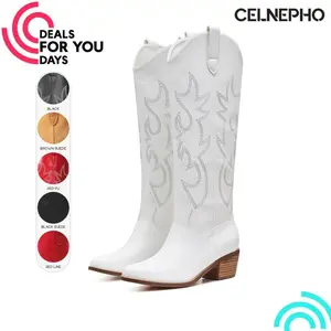 CELNEPHO Womens Cowboy Boots Pointed Toe Chunky Block Heel Classic Embroidered Fashion Design Easy Pull on Knee High Boots Horse Riding Party Casual Wear Trendy Western Cowgirl Dress Summ Shoes Deals For You Days