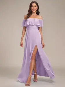 Ever-Pretty 2026 Valentine dress Spring Dress Chic Ruffle Off-Shoulder Chiffon Maxi Gown, High Slit Design for Beach Bridesmaid Dress – Chic & Elegant for  Weddings ES00969 Womenswear Elegance