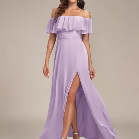 EVER PRETTY Women's Chic A-Line Off-Shoulder Chiffon Polyester Long Bridesmaid Dress - Ruffled, Airy, Breathable Formal Dress with High Slit, Elegant Split Hem for Wedding Guests