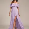 EVER PRETTY Women's Chic A-Line Off-Shoulder Chiffon Polyester Long Bridesmaid Dress - Ruffled, Airy, Breathable Formal Dress with High Slit, Elegant Split Hem for Wedding Guests