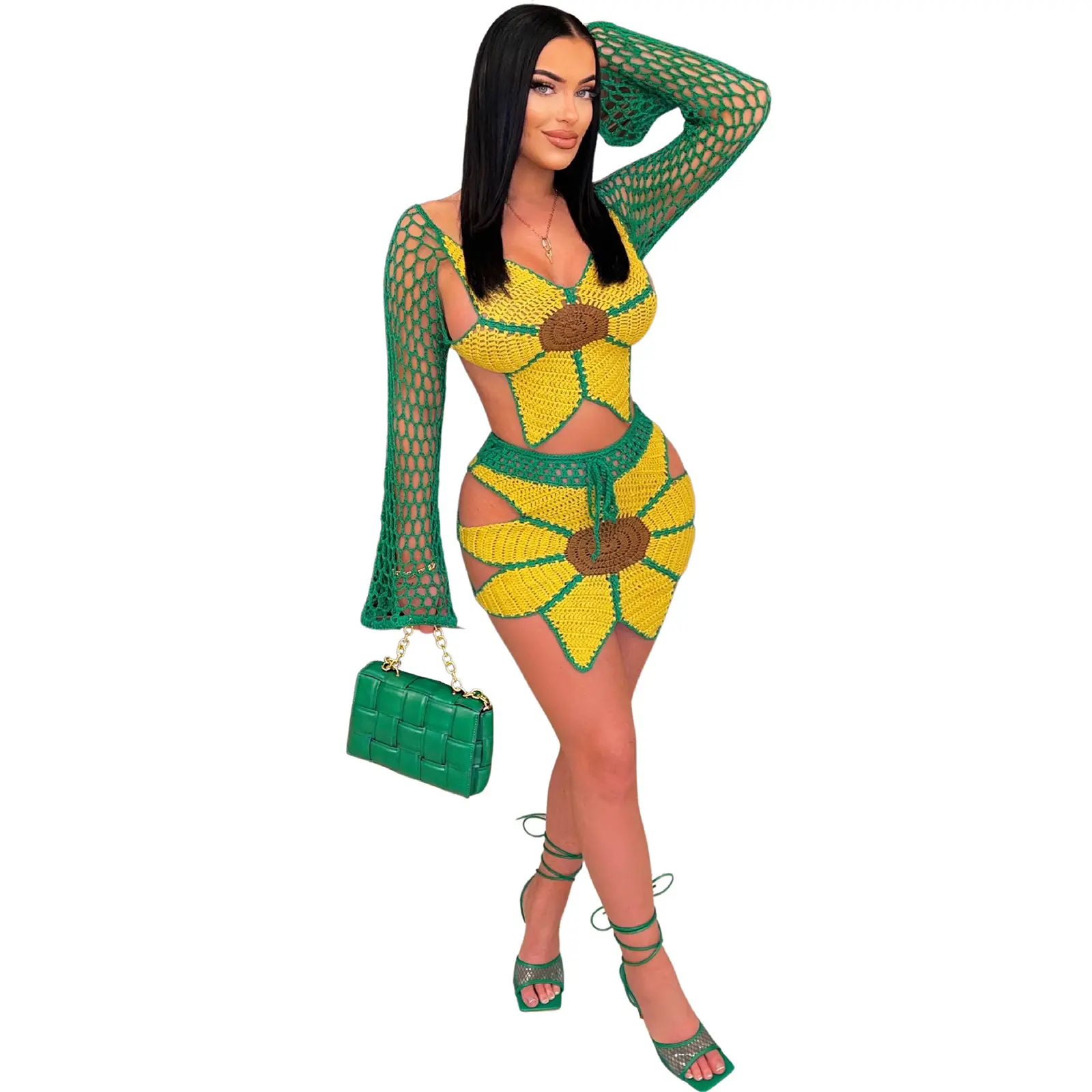 Acelyn Outfits 2 Piece Outfits for Women Sunflower Crochet Long Bell Sleeve Crop Top with Cutout Skirt Set