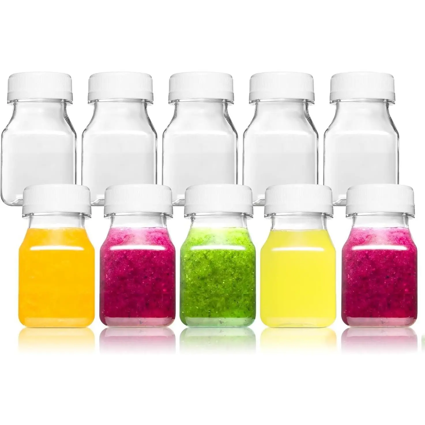 10PCS 2oz Plastic Shot Bottles with Leak-Proof Caps, BPA-Free Food Grade Reusable Small Travel Bottles for Ginger Shots, Juice, Wellness Drinks, Smoothies, Salad Dressing, Freezer Safe Portable Mini Containers for Meal Prep and Daily Use