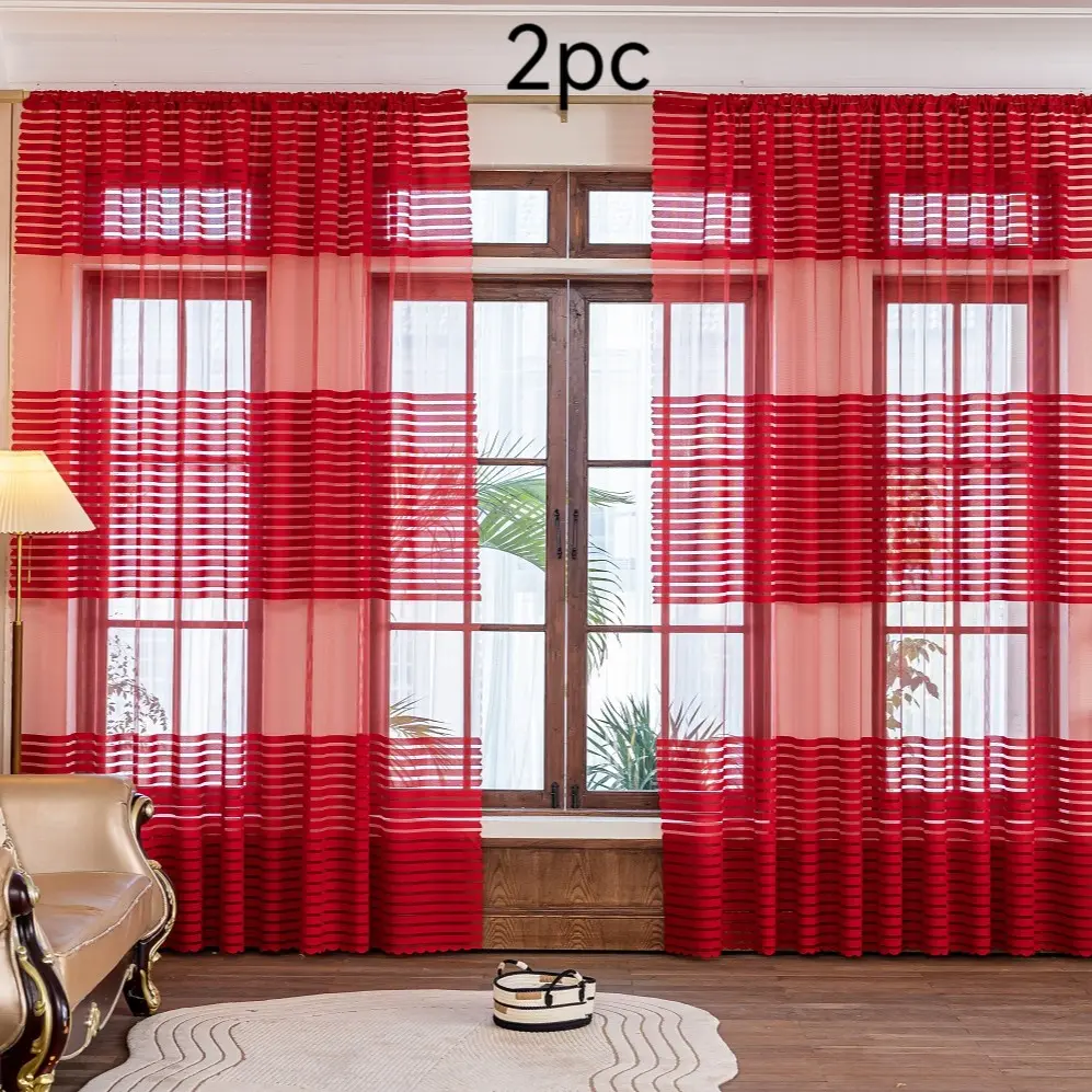 2-panel Rod Pocket Red Large Horizontal Stripe Jacquard Window Curtain, Suitable for Living Room, Bedroom, Dining Room, Study, and Wedding Ceremony