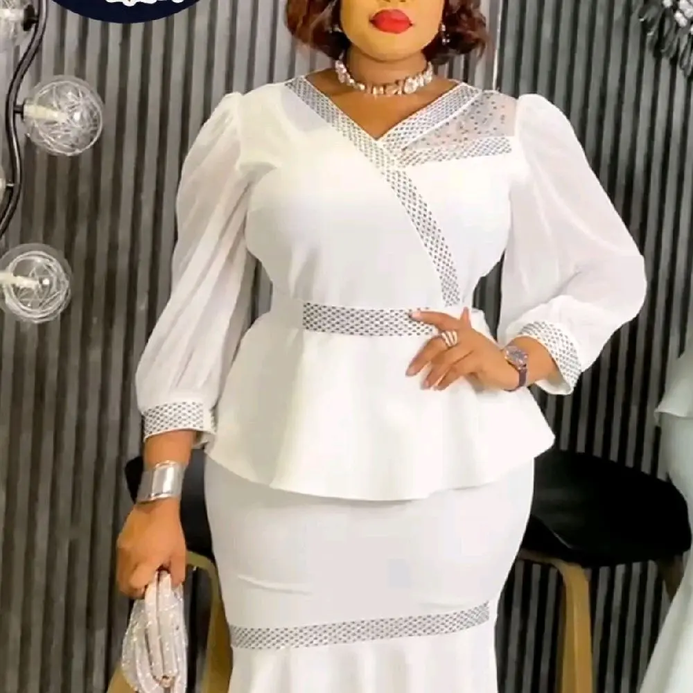 Women's White 2-Piece Skirt and Blouse Set with Matching Belt
