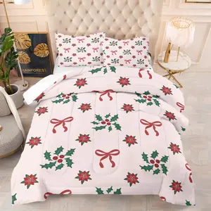 2/3 Piece Christmas Bedding Set, Christmas Gift, Children's Gift，Cartoon Bow Holly Pattern Printed Comforter Set, Suitable for Children'S Bedroom Decoration, Soft and Comfortable, Including 1 Quilt and 1/2 Pillowcase