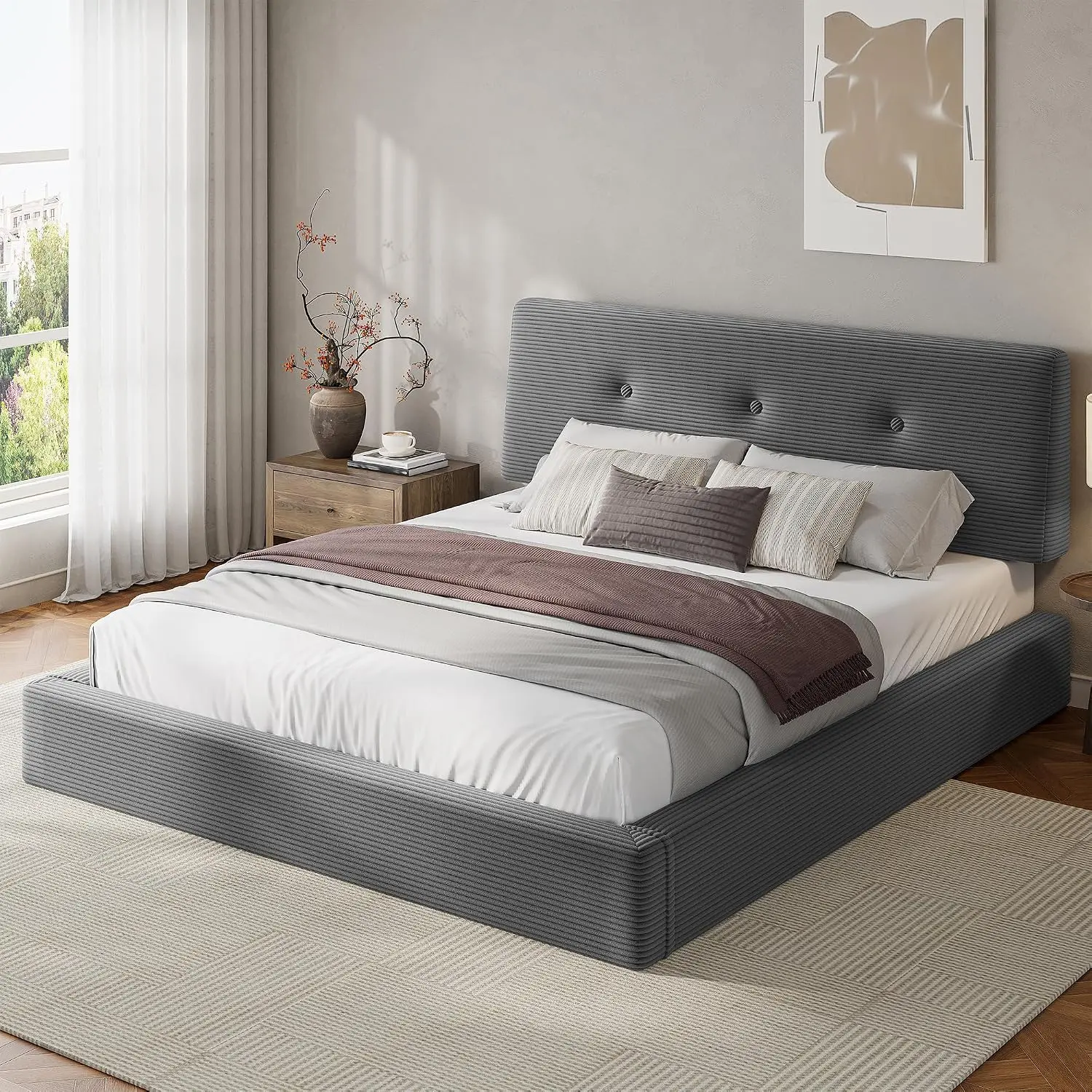 Raybee Cloud Bed Frame Queen Size with Adjustable Headboard | Fully Cushioned Foam, 15-Min Easy Assembly, Corduroy, Soft Low-Profile Bed, Scratch Resistant, Noise-Free, Grey