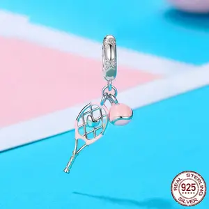 925 Sterling Silver Pink Tennis Racket & Ball Dangle Charm Bead