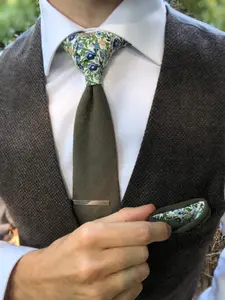 TIE MOOD Flynn Olive Green Solid Front & Green Floral Back Necktie | Olive Green Wedding | Birdy Grey | Davids Bridal