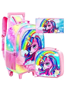 3pcs Sequin Unicorn Rolling Backpack Set for Girls, Rainbow Unicorn Print, Wheeled School Backpack, Insulated Lunch Bag & Pencil Case