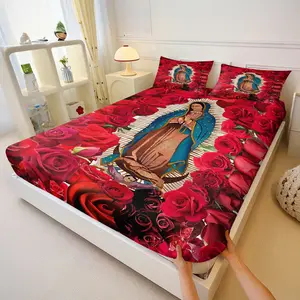 3Pcs Guadalupe Our Lady Of Guadalupe Themed Fitted Sheet Set, Suitable for Various Home DeCor Styles Such As Religious Culture and Retro Art. Machine Washable, Colorfast and Shrink-Resistant, Fully Wrapped, Non-Slip, All-Season Bedding Set.