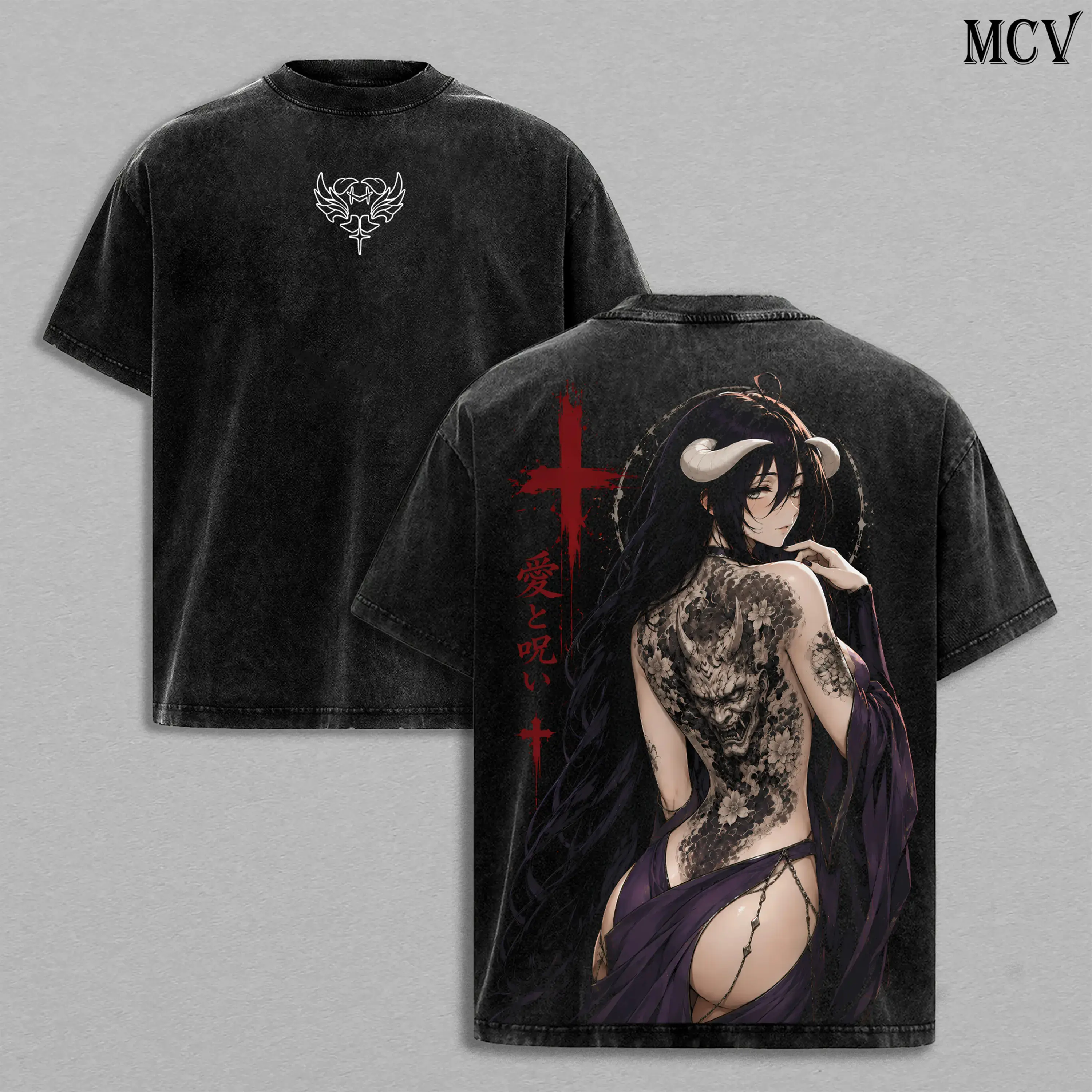 shopping deals today for men Albedo Overlord Vintage Washed Tee, Albedo Overlord Japanese Irezumi Gothic Blackwork Tattoo Art, Dark Fantasy Succubus Queen Anime Double Printed Washed Tee, Unisex Oversized Manga Heavyweight Cotton T-Shirt