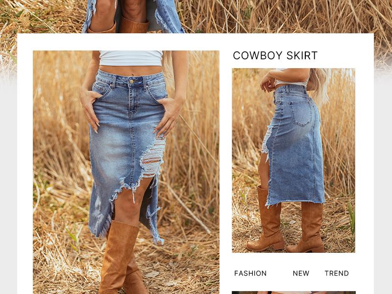 Asvivid Women Western Cowboy Denim with Pockets Midi Skirt Casual Cotton Jean Skirt Asymmetrical Slit Ripped Frayed Hem Skirts Basic Bottom for Daily Vacation Streetwear