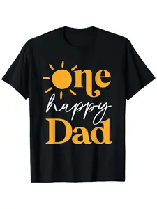 Men's Heavyweight 180gsm Cotton T-Shirt - Birthday Dad Gift with One Happy Dad & Sun Graphic - Black with Orange Lettering - All-Season Casual Tee for Gym, Father's Day, Birthdays - Machine Washable Everyday Shirt, Outdoor Activities, Playful Design, Comf