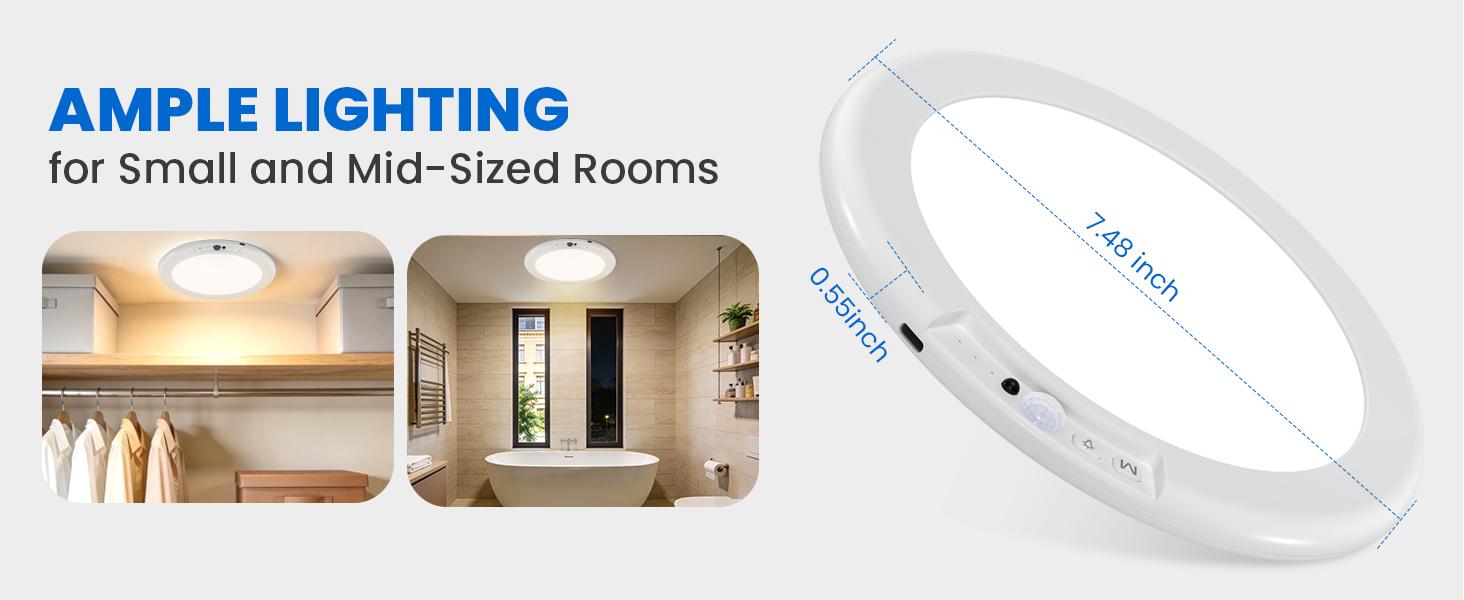 Rechargeable Motion Sensor Ceiling Light with Remote: Battery Operated Ceiling Light Wireless Indoor for Closets Shower, Closet, Stairs, Hallway, Pantry, 3 Color Temperatures Dimmable, 1Pack