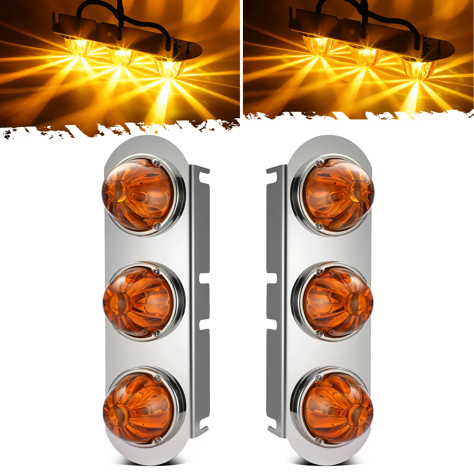 Partsam 1 Pair Radius-Style 14" Front Air Cleaner Light Bar with 3Pcs Glass Watermelon Lights, Stainless Steel Bracket, Compatible with Peterbilt Kenworth Freightliner Trucks