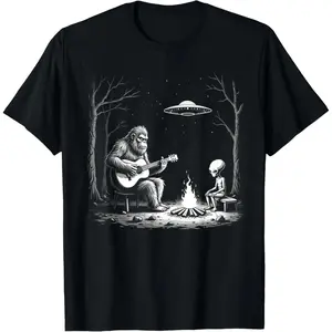 Bigfoot Guitar Tee Campfire Alien Ufo Camping Sasquatch T-Shirt Casual Shortsleeve