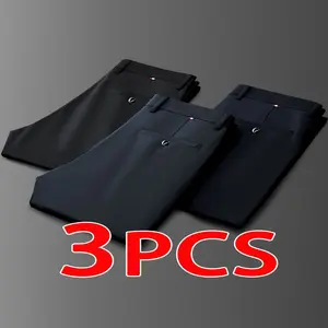 3pcs Set Men's High-Stretch Wrinkle-Resistant Dress Pants - High-Waisted Business Casual & Formal Long Trousers with Button & Zipper Closure, All-Season Durable Fabric, Machine Washable Straight-Leg Professional Attire for Office, Weddings