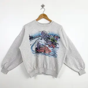 90s Art ‘Snowmobile’ Crewneck Sweatshirt Print Logo Men’s T-Shirt Hoodie 2 Sided MADE IN USA REPRINT