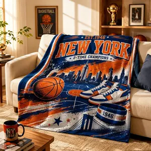 New York Basketball Flannel Blanket, City Skyline Sports Throw Blanket, Ultra Soft Fleece Blanket for Couch Sofa Bed, Basketball Fan Gift for Men Women Teens
