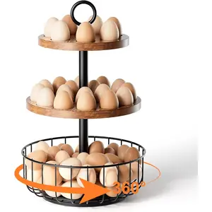 3-Tier 360 °   Rotating Egg Holder with 64 Egg Capacity, Ventilated Tiered Egg Storage Rack, Rustic Farmhouse Kitchen Counter Organizer with Wooden Trays & Metal Basket for Fresh Easter Eggs