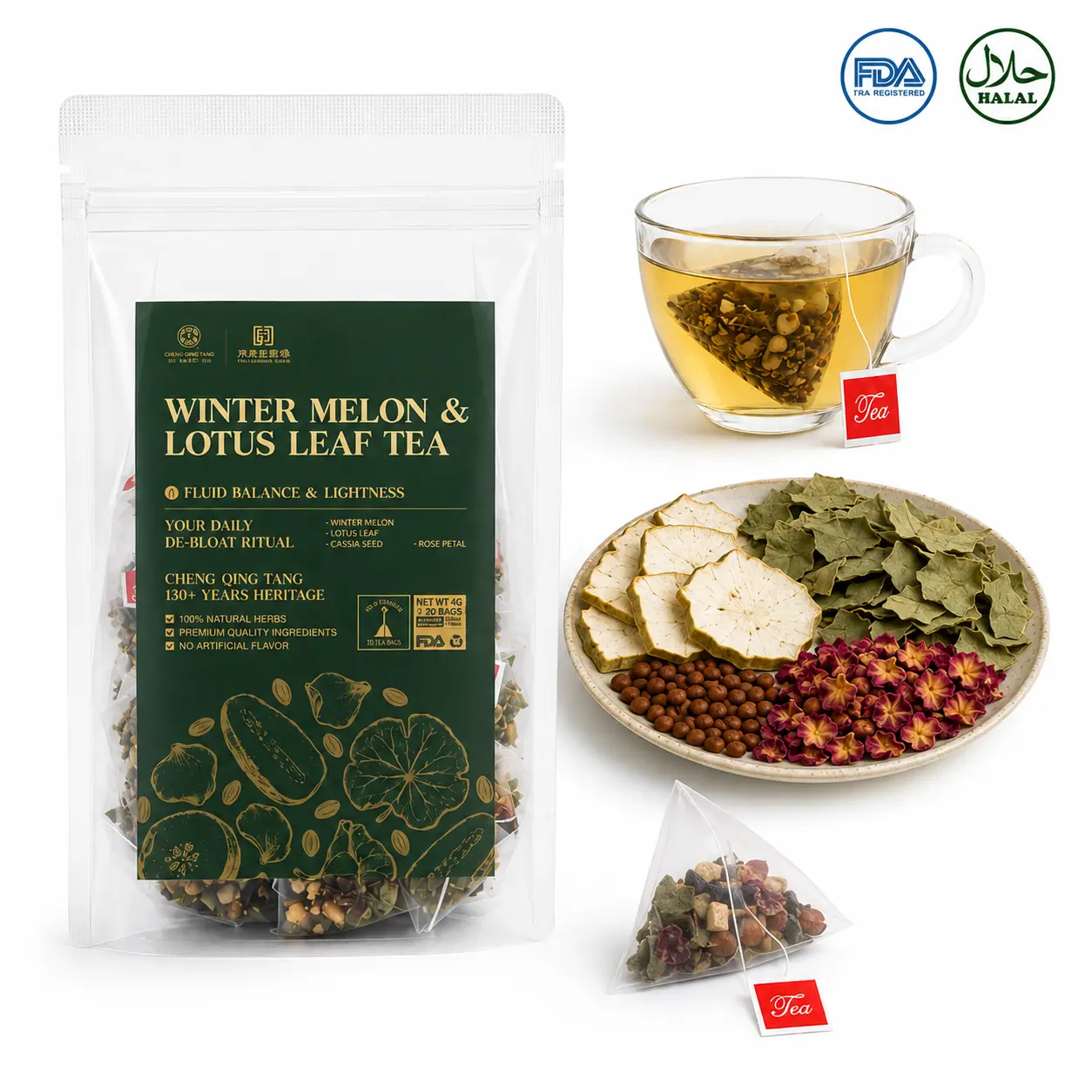 Wintermelon & Lotus Leaf Tea Biodegradable Pyramid Bags｜Daily Ritual for Women Seeking Body Lightness｜Rose Balances Lotus Bitterness｜Gentle & Non-Irritating｜30 Bags