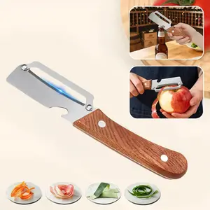 2-in-1 Vegetable & Fruit Peeler with Stainless Steel Blade and Bottle Opener, Wooden Handle Kitchen Tool for Potatoes, Apples, Zucchini, Papaya & Pumpkin