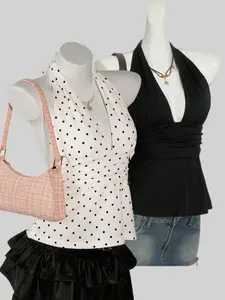 Women's Polka Dot Halter Top Set, Deep V Neck Ruched Waist Fit Tie Back Heart Shape Hem, Elegant Two-Piece for Casual Wear