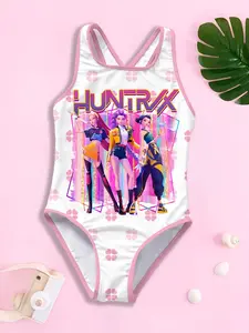 Girls' one-piece swimsuit "HUNTRX Girls' Group Pink Cool Summer New Style" with white base and pink trim + idol girl group anime prints, unique and eye-catching, making the summer swimming pool/sea water play atmosphere full at once~