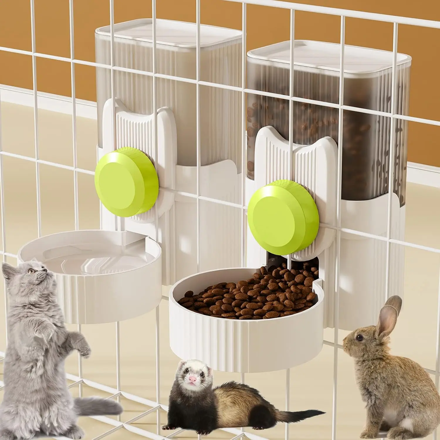 Hanging Automatic Rabbit Feeder & Water Dispenser for Small-Medium Pet Cages, Ferret Accessories, Food & Water Bowl for Cats Guinea Pigs (Cage Grid Spacing Over 0.'' Note), Rabbits