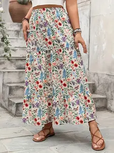 Plus Size Women's Casual Wear Vacation Dress, Bohemian Style Floral Print Woven Fitted Half Body Skirt, Elegant Summer for Ladies