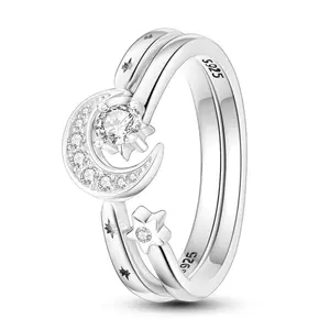 MULA 925 Silver-plated double ring moon and star ring, white gold-plated celestial stackable ring, inlaid with cubic zirconia, is the best holiday gift for girls and women