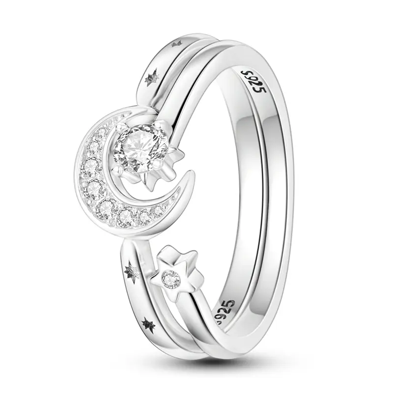 MULA Silver-Plated Celestial Double Ring - White Gold-Plated Stackable Moon and Star Cubic Zirconia Women's Costume Jewelry, Holiday Gift, Moon Ring Set, Moon Ring Rings