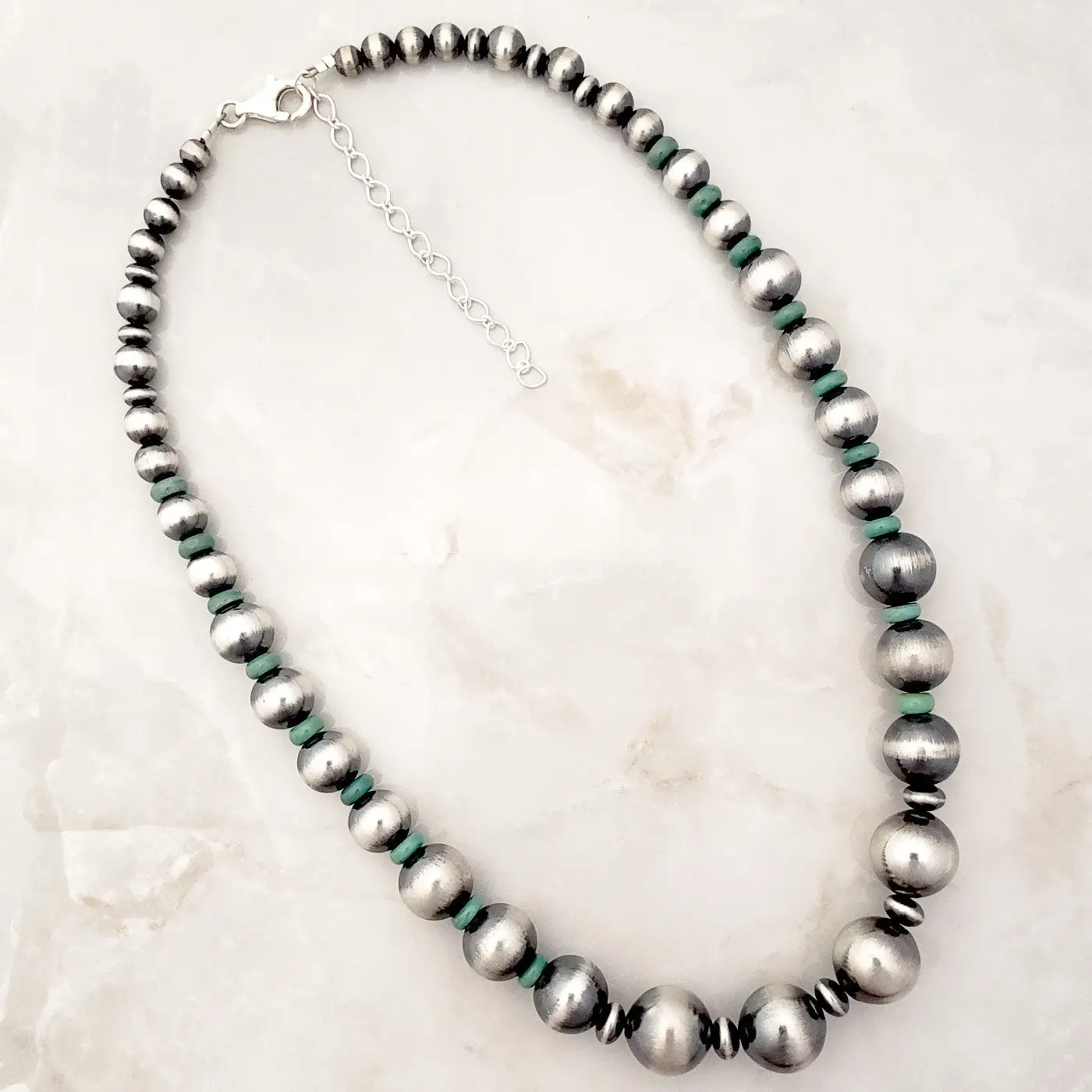 Large Desert Pearls & Green Turquoise Graduated Necklace Sterling Silver